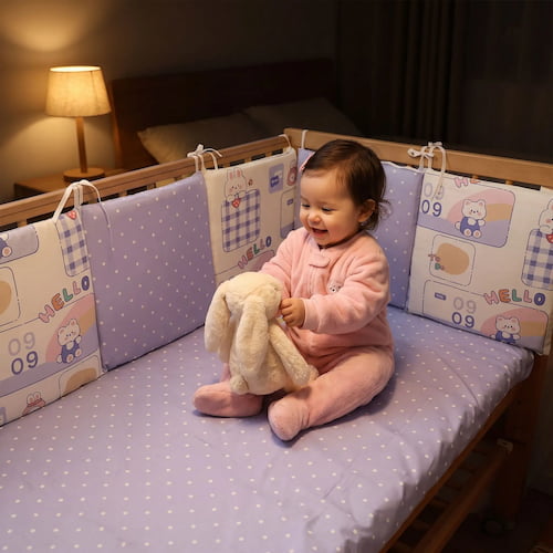 tour de lit pour bebe motif lapin avec bebe assis dans son lit et tenant un doudou