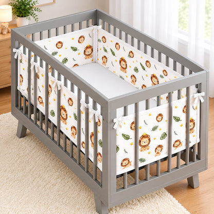 Tour de lit respirant bebe motif lion installe autour d'un lit a barreaux