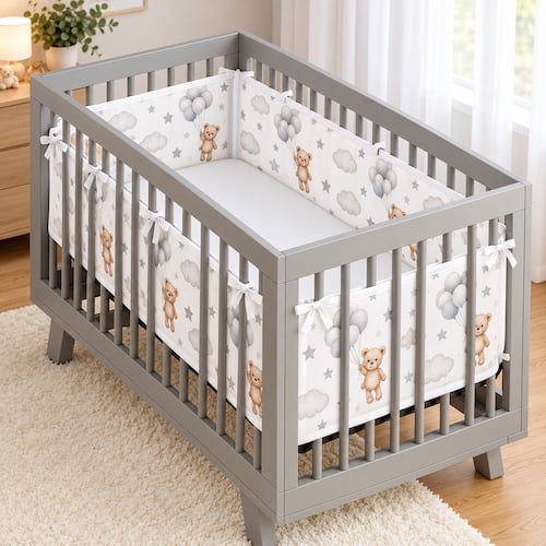 tour de lit respirant motif ours autour des barreaux d'un lit bebe gris