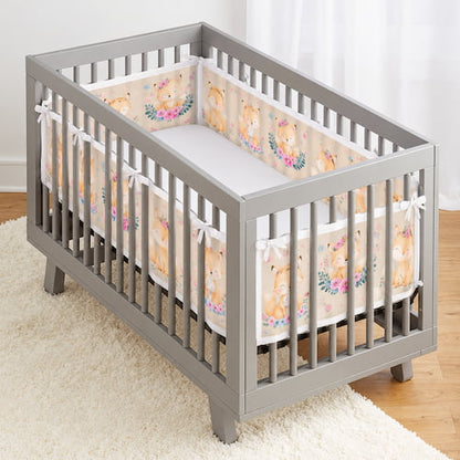 tour de lit respirant motif renard installe dans un lit bebe gris
