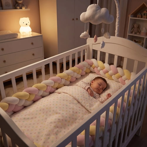Tresse de lit bebe rose jaune et blanc autour du lit avec bébé endormi paisiblement sous une couverture à motifs