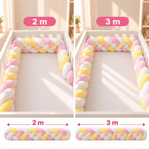Tresse de lit bebe rose jaune et blanc avec présentation des longueurs 2 m et 3 m autour du matelas