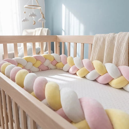Tresse de lit bebe rose jaune et blanc installée le long du matelas dans un lit en bois clair chambre lumineuse