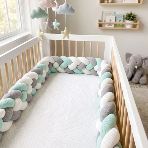 Tresse de lit bebe vert gris et blanc autour du matelas avec mobile nuage et étoiles suspendu au-dessus du lit