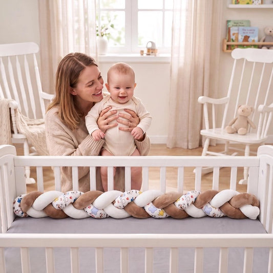 Tresse de lit douce en coton blanc, beige et à motifs installée dans un berceau