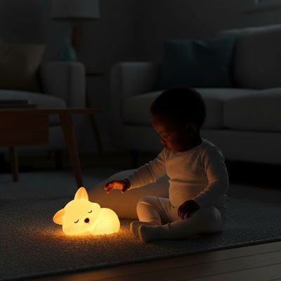 un bébé assis sur un tapis dans la pénombre tend la main vers une petite veilleuse renard brillante