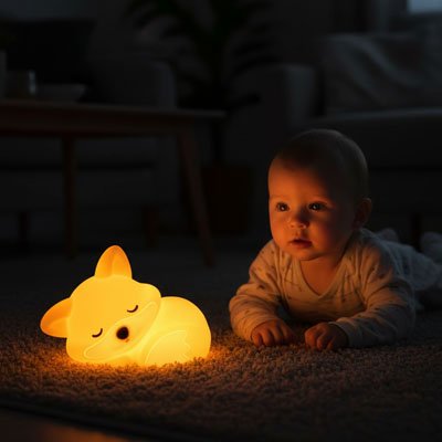 un bébé est allongé sur le ventre regardant une douce lumière émise par une veilleuse renard endormi à côté de lui