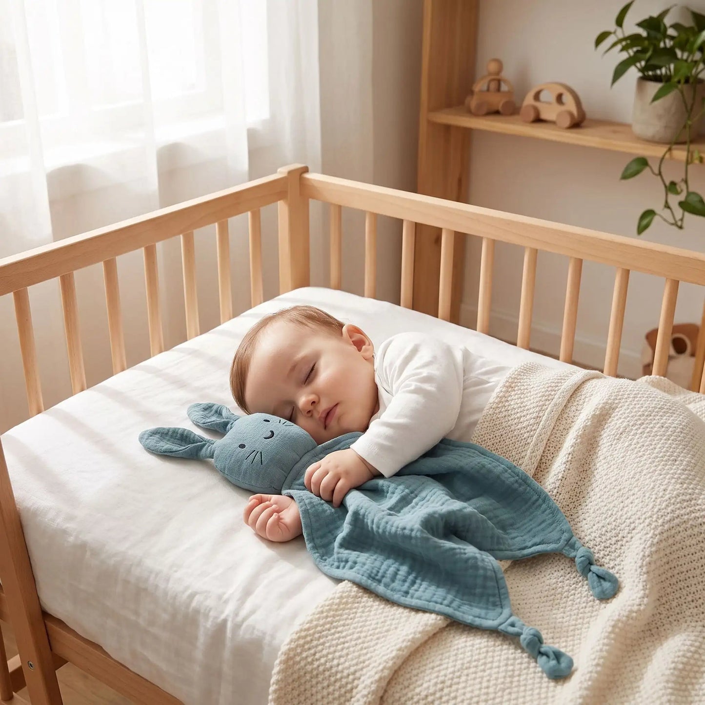 un garcon endormi paisiblement dans son lit en serrant un doudou lapin bleu en mousseline de coton