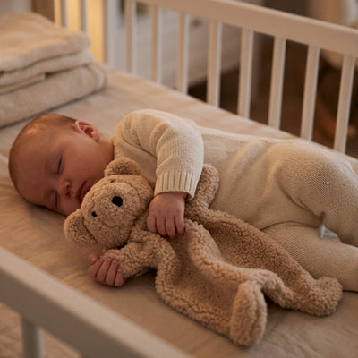 un petit bebe fait sa douce sieste avec son petit doudou