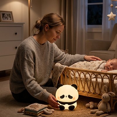 une maman endort son bebe a cote d une veilleuse bebe panda