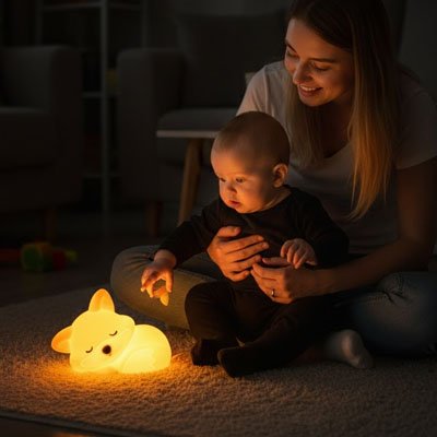 une mère et son bébé sont assis sur un tapis éclairés par la lueur chaleureuse d'une veilleuse renard mignonne