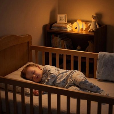 veilleuse bebe en forme de poisson clown installee sur une etagere creant une ambiance apaisante pres du lit