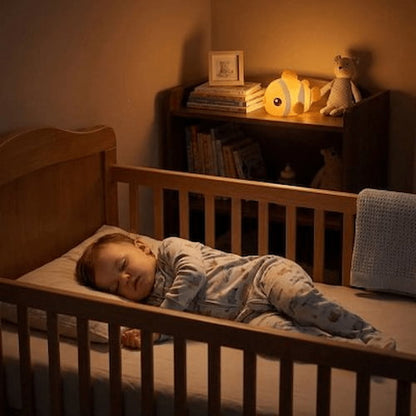 veilleuse bebe en forme de poisson installee sur une etagere creant une ambiance apaisante pres du lit