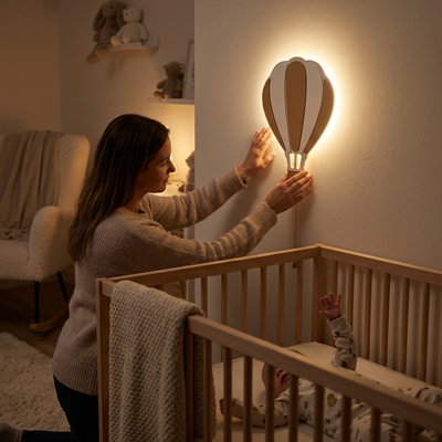 Veilleuse murale bebe montgolfière créant une ambiance douce et rassurante près du berceau