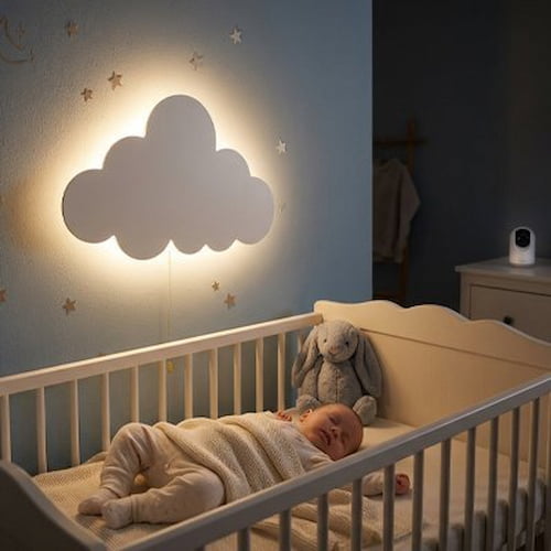 Veilleuse murale nuage éclairant la chambre de bébé pendant son sommeil