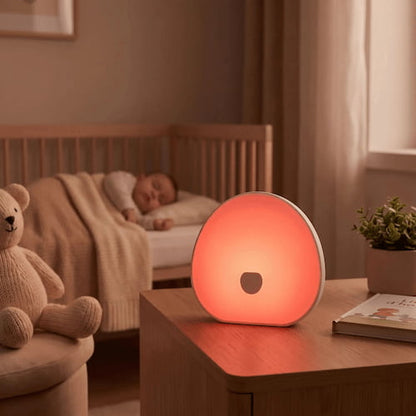 veilleuse musical pour bebe diffusant une douce lumiere rouge sur une table de nuit pres d un bebe endormi dans son berceau