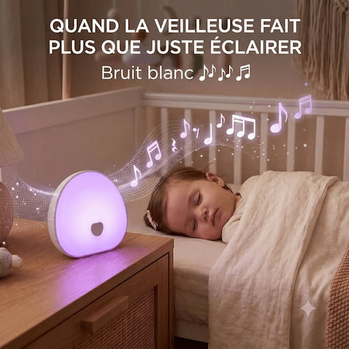 veilleuse musicale pour bebe lumineuse violet avec music bruit blanc sur table de nuit