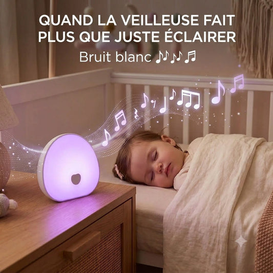 veilleuse musicale pour bebe lumineuse violet avec music bruit blanc sur table de nuit