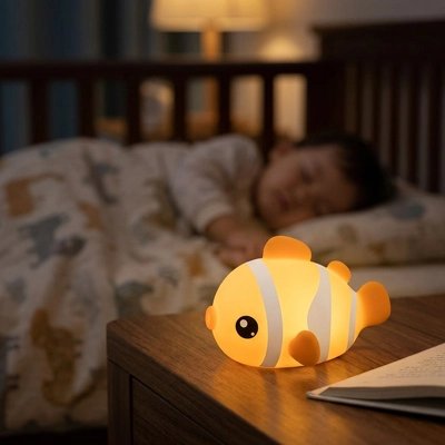 veilleuse poisson clown led posee sur une table de chevet eclairant delicatement la chambre d un bebe endormi