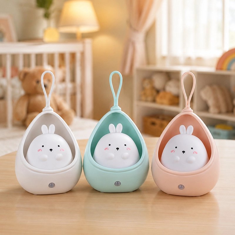 Veilleuse pour bebe lapin avec trois couleurs douces dans la chambre de bébé