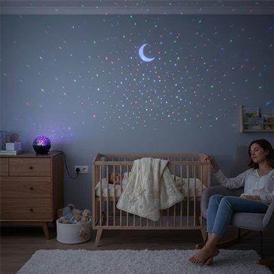 Veilleuse projection de lunes et étoiles colorées pour apaiser bébé avant le sommeil