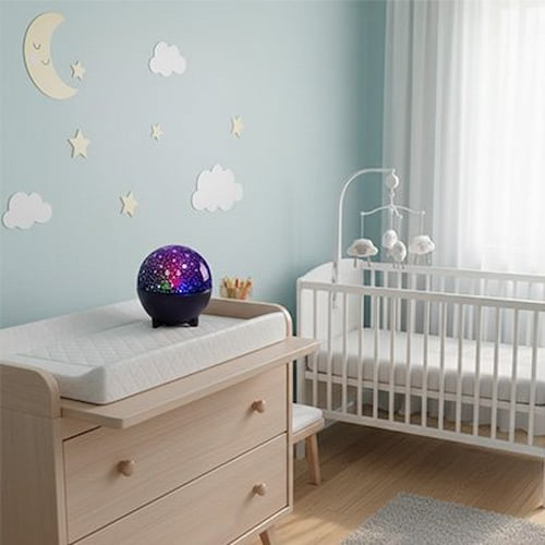Veilleuse projection étoilée créant une ambiance douce et colorée dans la chambre de bébé